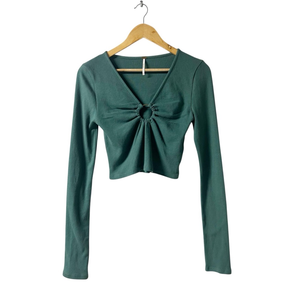 Free People Teal Long Sleeve Crop Top with Ring Detail - Picture 2 of 7